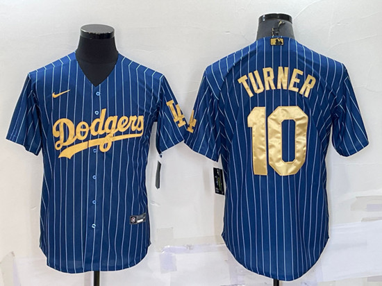 Men's Los Angeles Dodgers #10 Justin Turner Navy Gold Cool Base Stitched Baseball Jersey - Click Image to Close